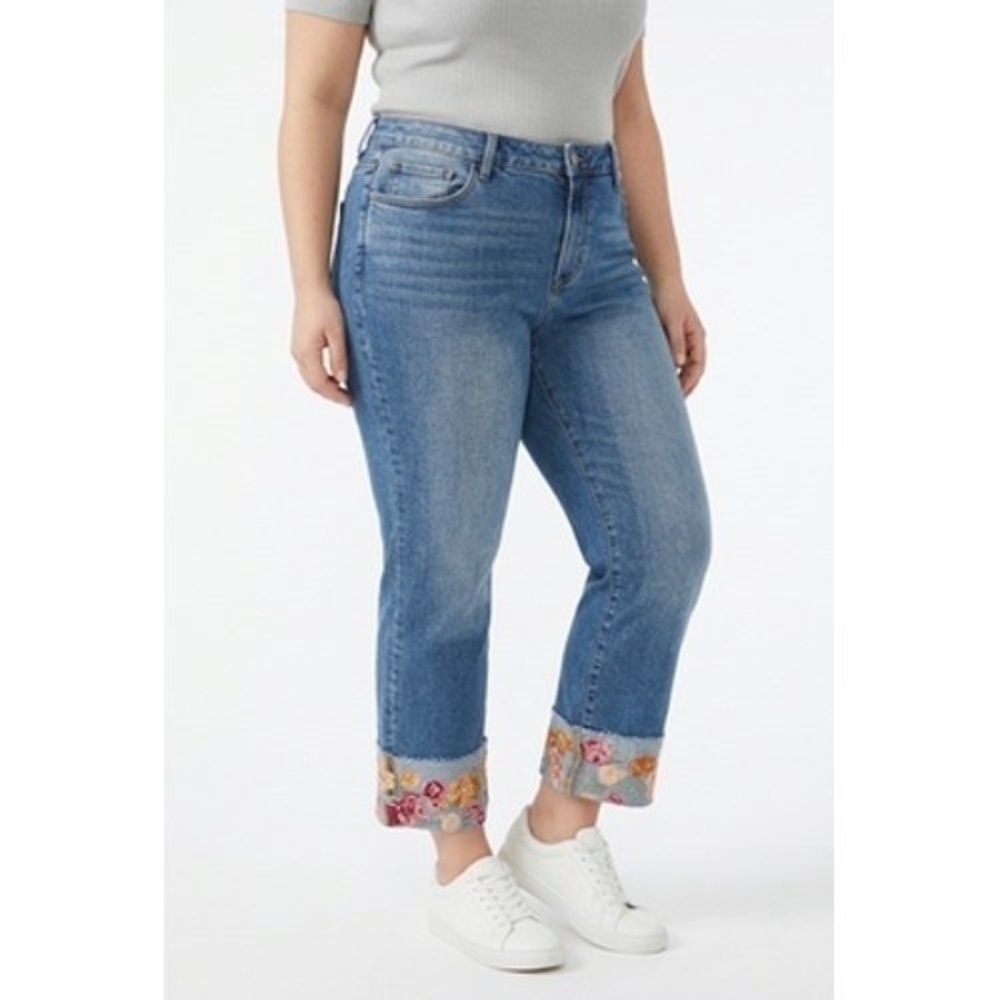 Driftwood Jeans Women 16 Blue High Rise Crop Floral Embroidered Frayed Cuff - Picture 2 of 13